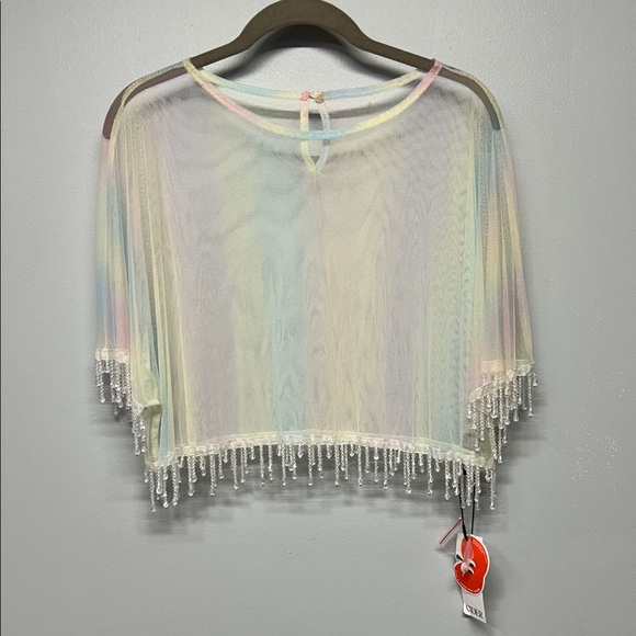 Cider Tie Dye Sheer Mesh Poncho Crystal Fringe Hem Size XL Pastel Shawl Eras - Picture 2 of 4
